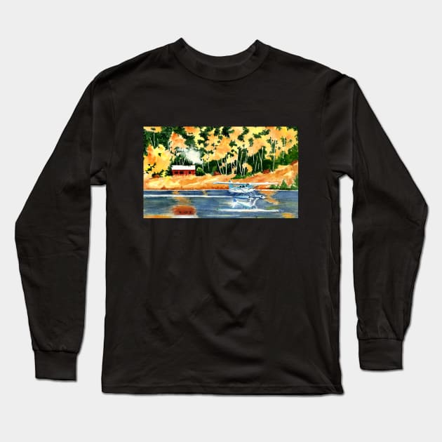 Pacific Northwest Float Plane Watercolor Painting Long Sleeve T-Shirt by MMcBuck